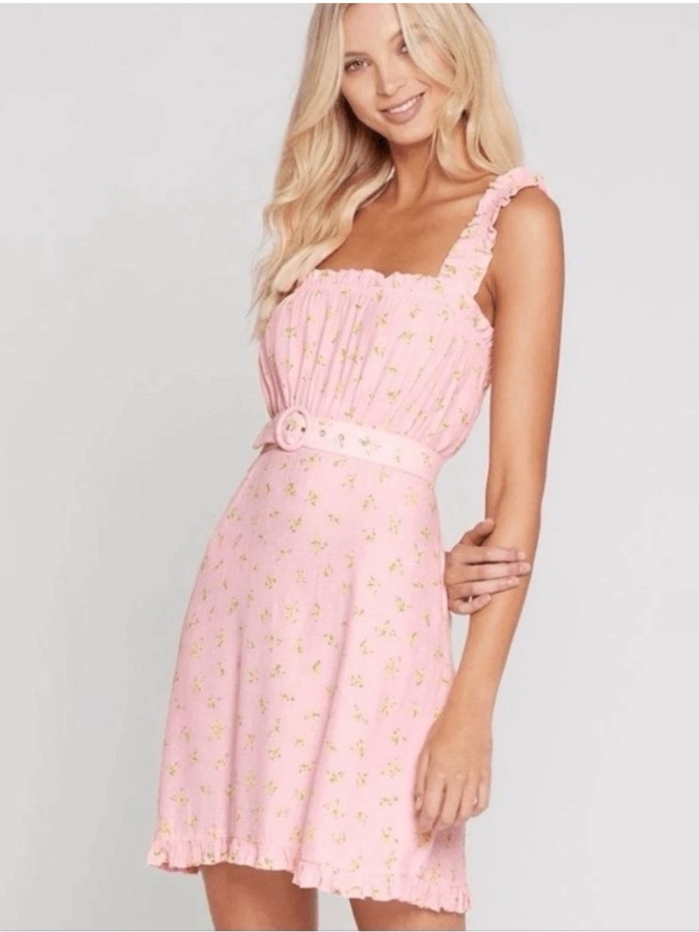 Faithfull the Brand Light Pink Floral Belted Coquette Soft Gir Feminine Sundress